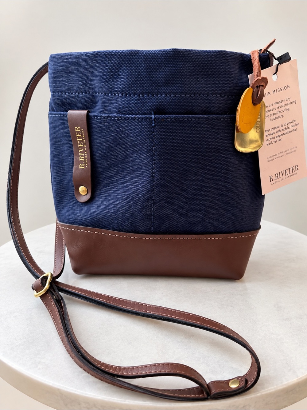 R. Riveter Navy Canvas Brown Leather Crossbody Bag NWT American Made